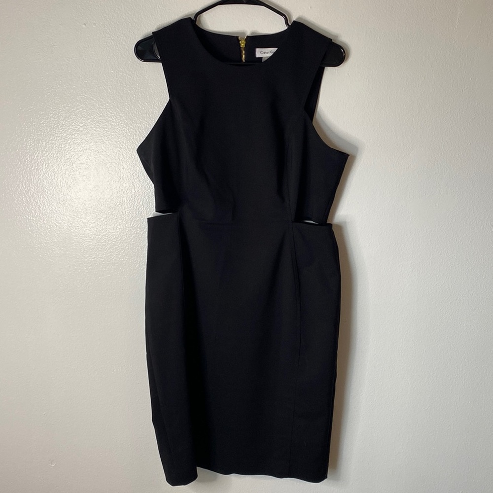 Size 12 Calvin Klein black cut out designer body con sleeveless dress